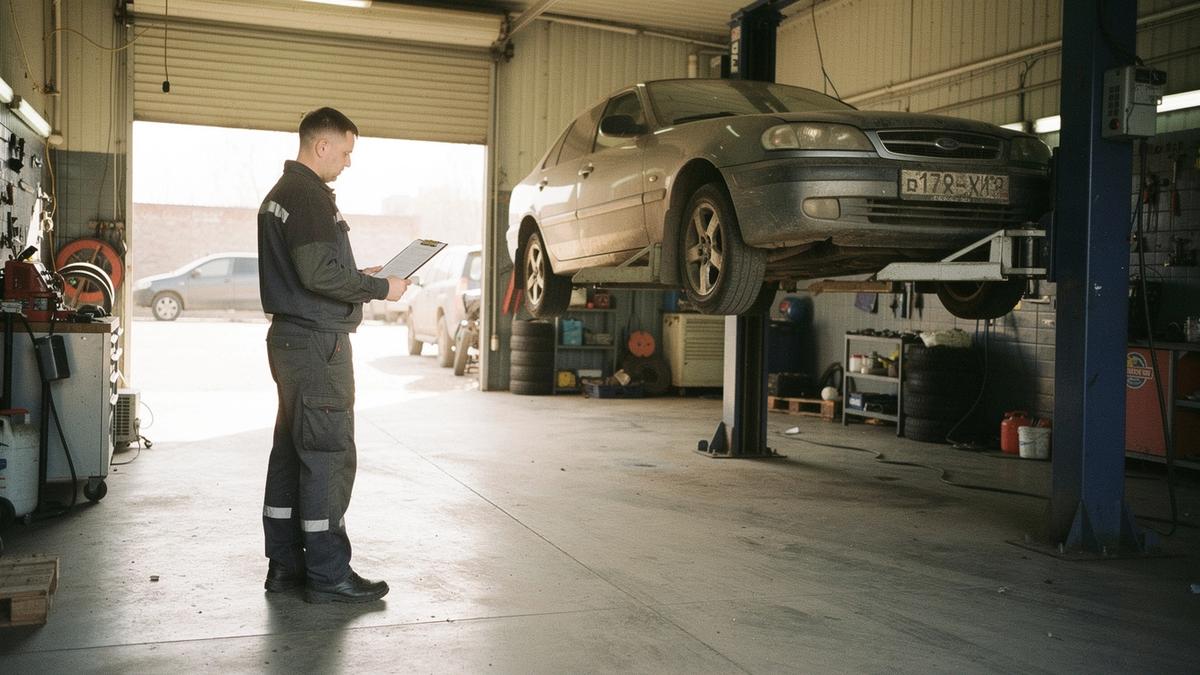 Mechanic reviewing an inspection checklist beside a car raised on a lift in a service bay