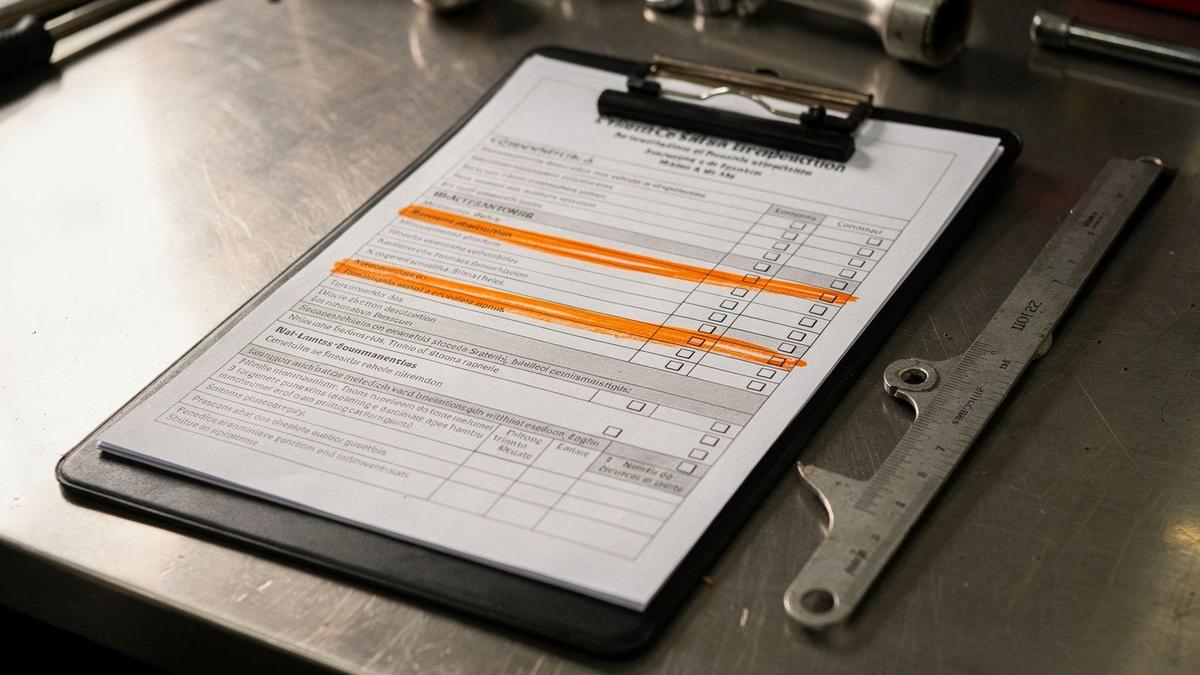 Printed preventive maintenance inspection report on a workshop clipboard with three highlighted status lines